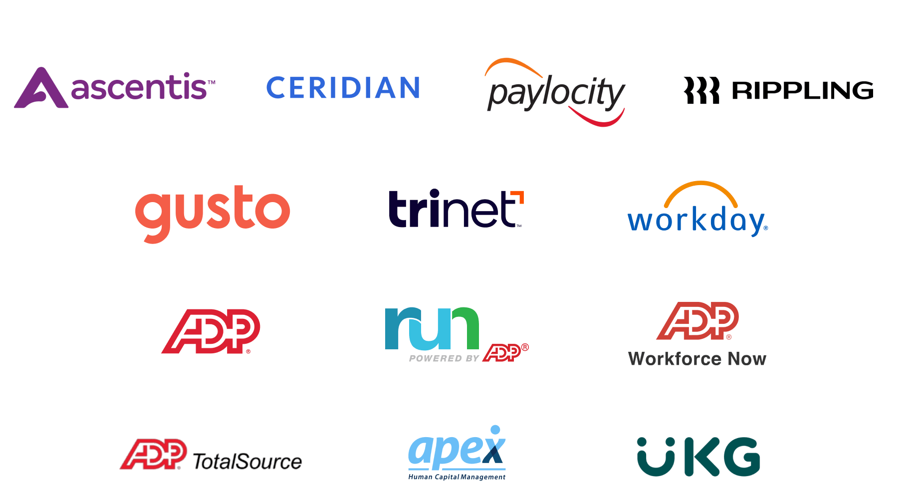 Logos of payroll providers including ascentis, ceridian, paylocity, rippling, gusto, trinet, workday, ADP, apex, and UKG.